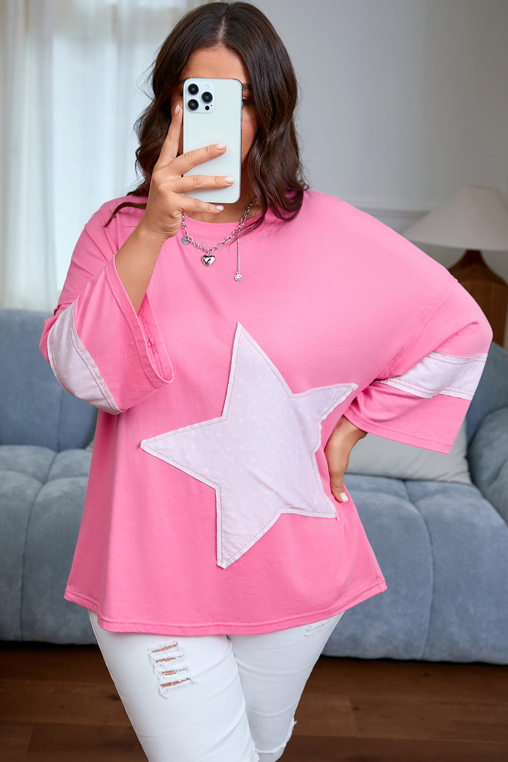 Star Patched Sleeve Plus Size Loose Tee