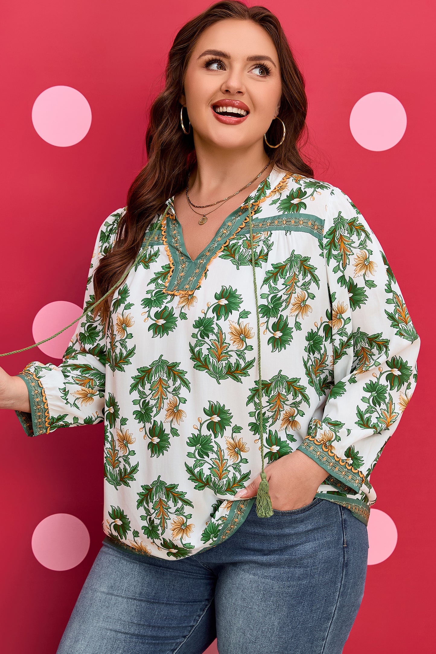 Floral Patchwork Detail Tassel Tie 3/4 Sleeve Blouse Plus Size