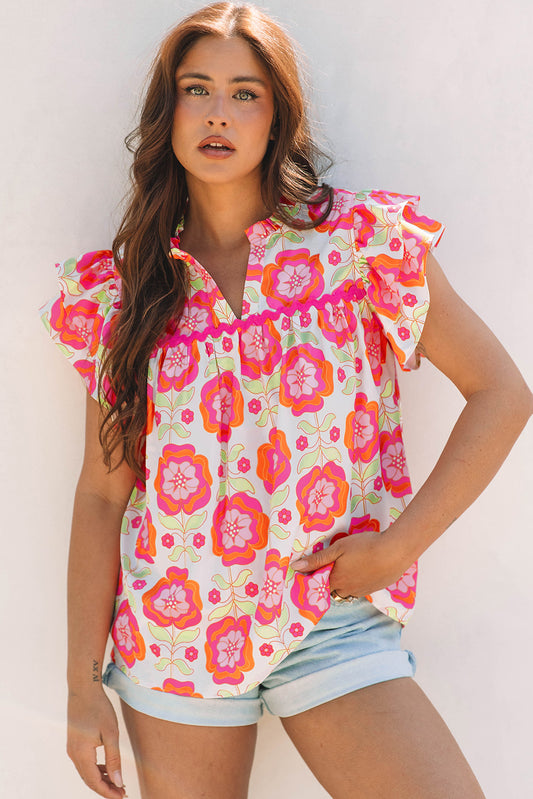 Floral Ruffled Sleeve Loose Blouse