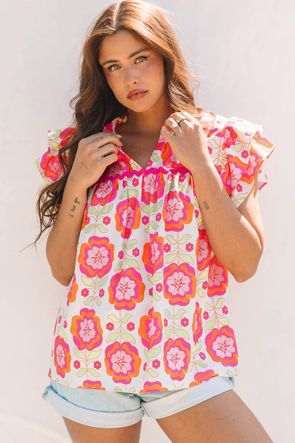 Floral Ruffled Sleeve Loose Blouse