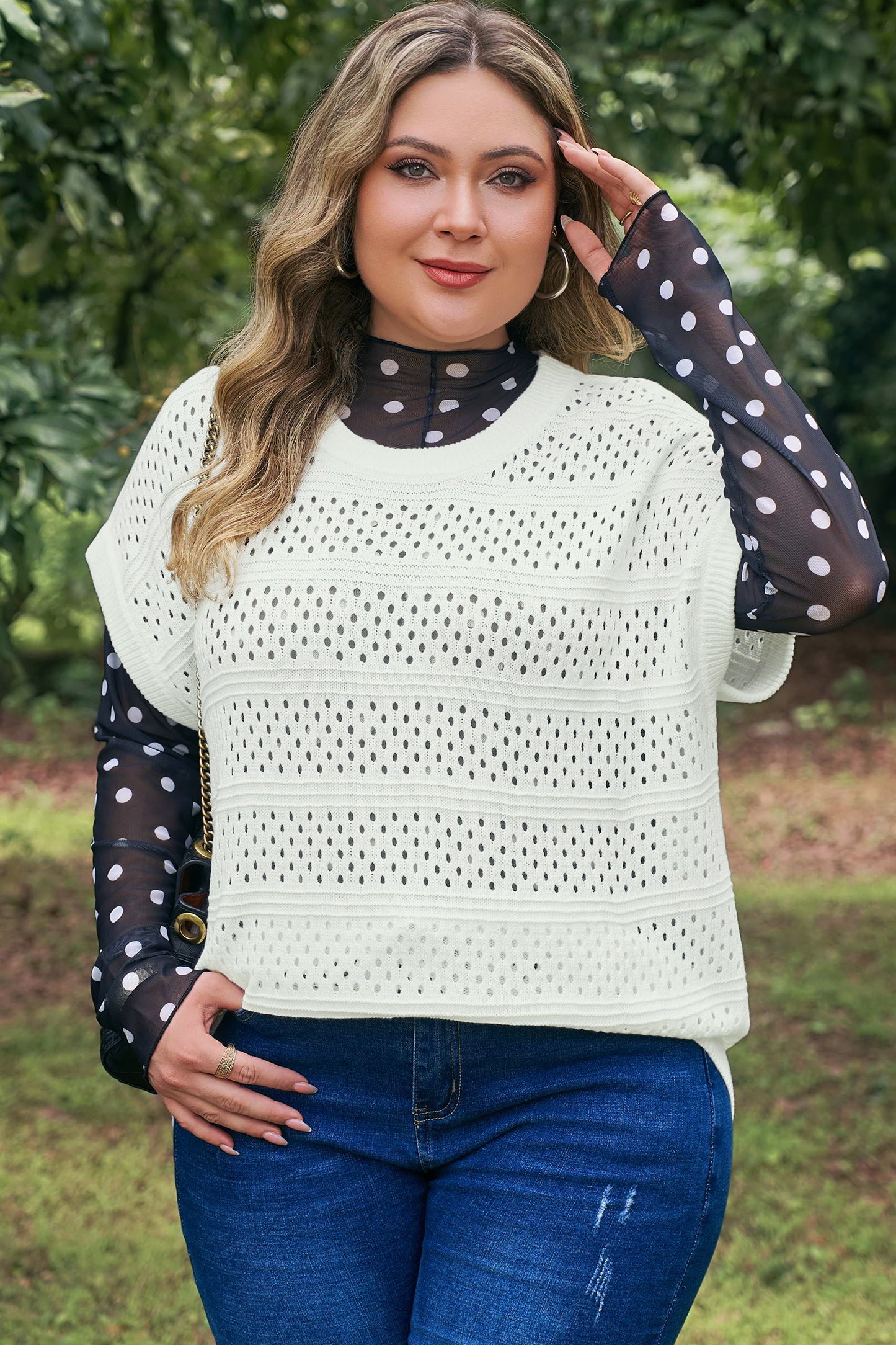 Knit Ribbed Trim Short Sleeve Dolman Sweater Plus Size