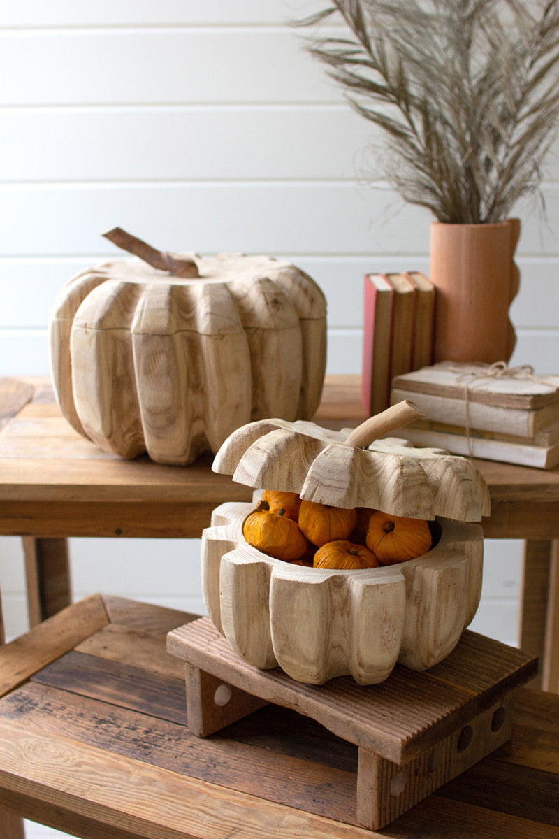 Carved Wood Pumpkins With Removable Lids Set