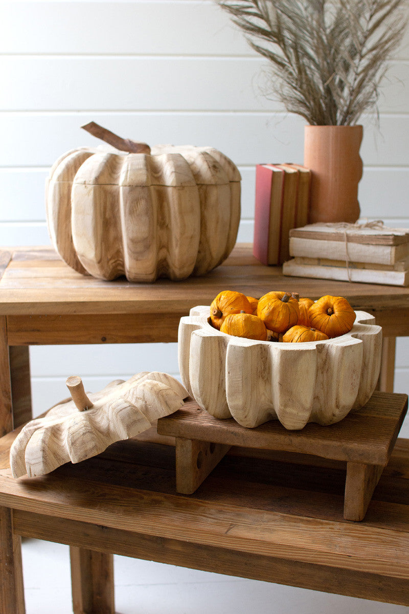 Carved Wood Pumpkins With Removable Lids Set