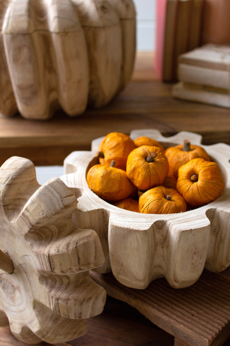 Carved Wood Pumpkins With Removable Lids Set