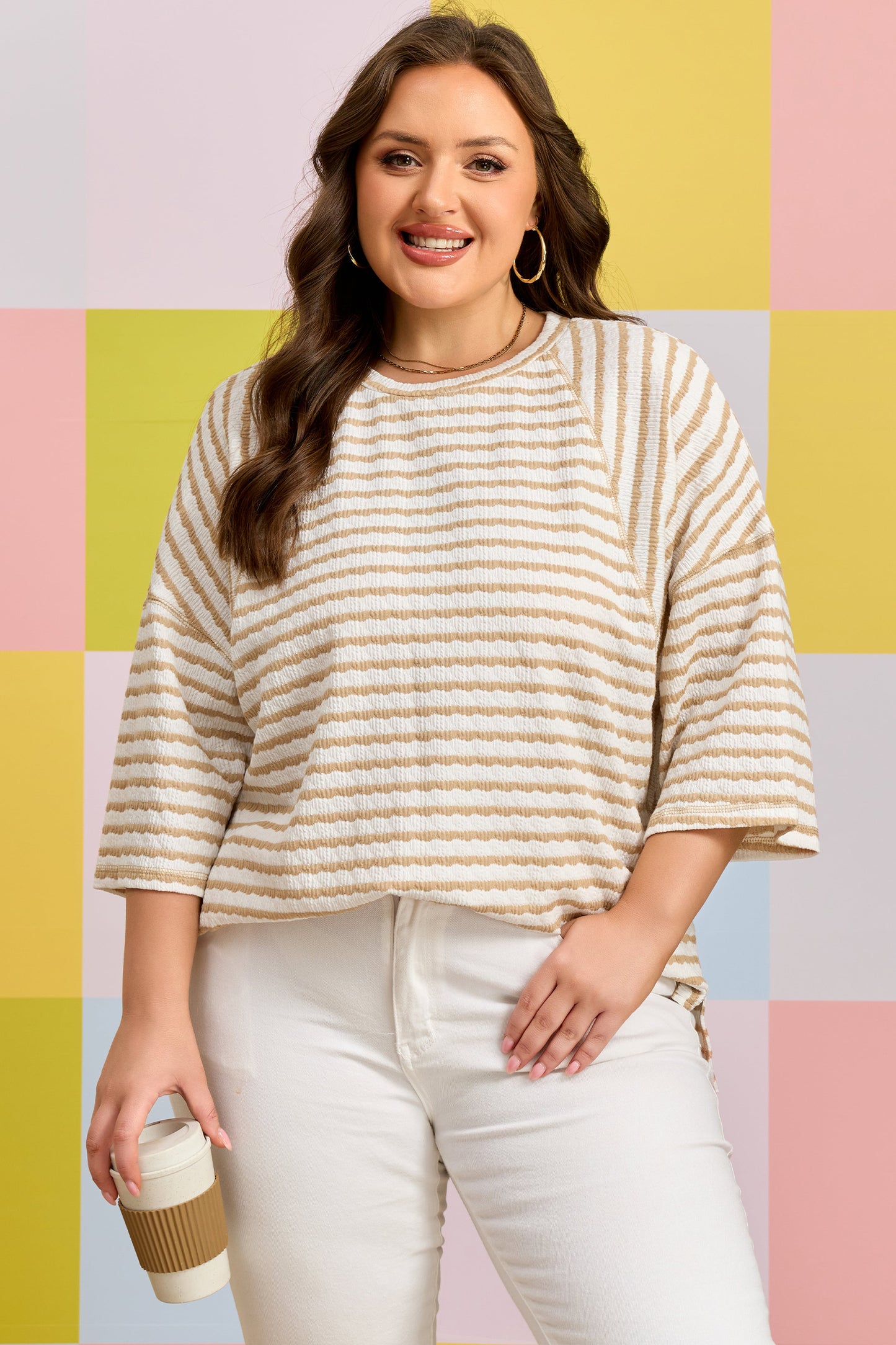 Stripe Textured Patchwork Top Plus Size