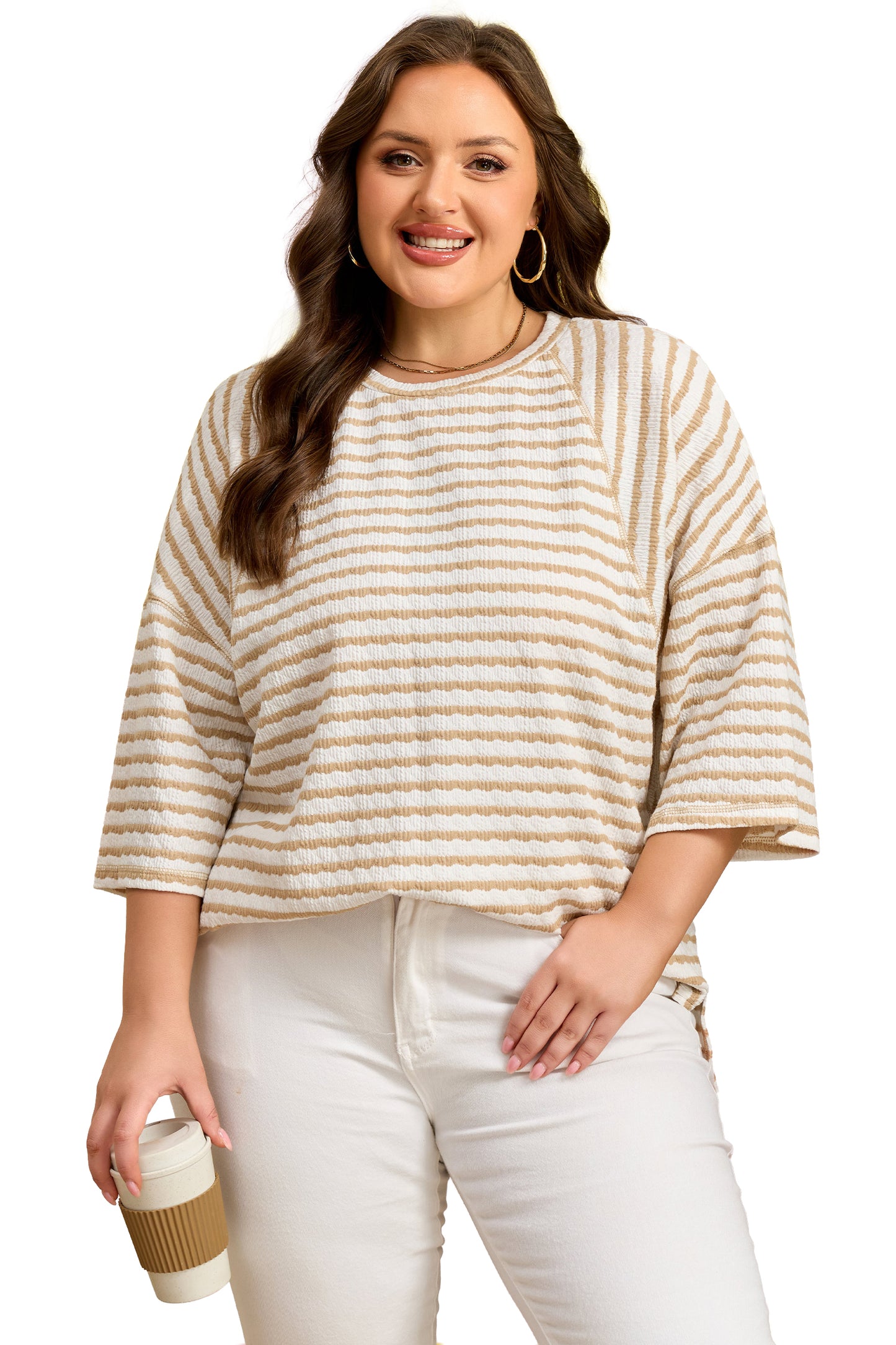 Stripe Textured Patchwork Top Plus Size