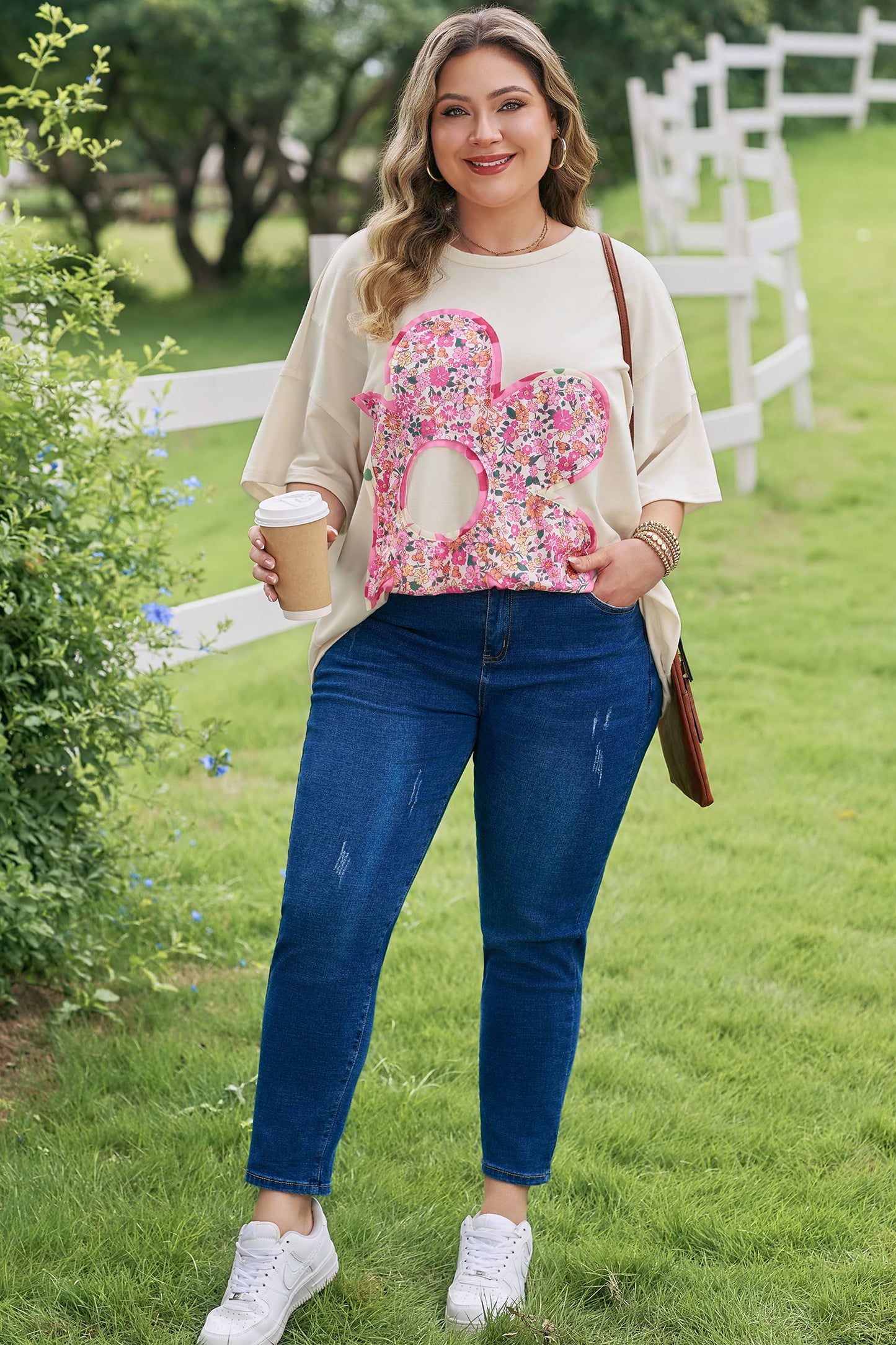 Big Flower Patched T-Shirt Plus Size