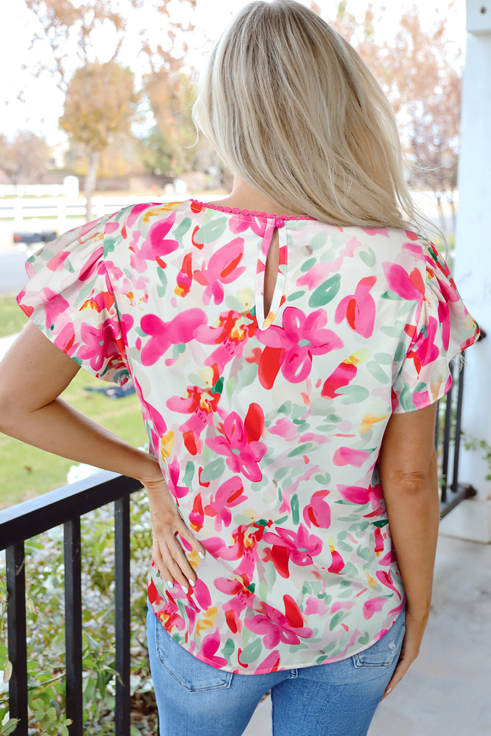 Rose Floral Flutter Sleeve Blouse