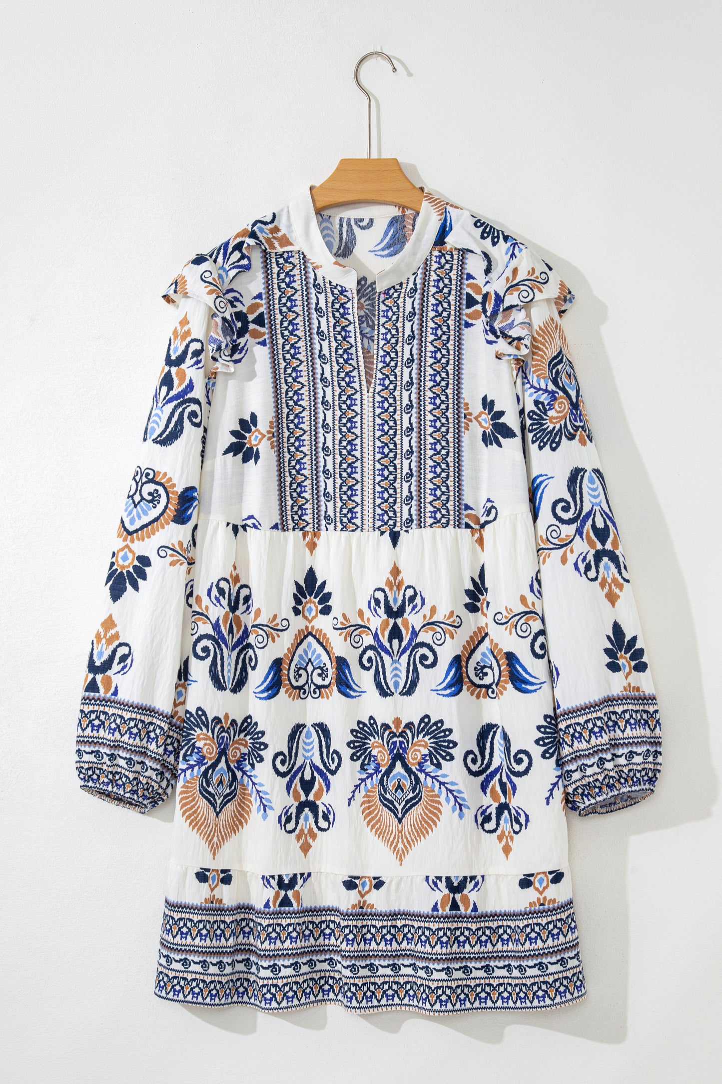 Boho Print Split Neck Long Sleeve Mini Dress Plus Size