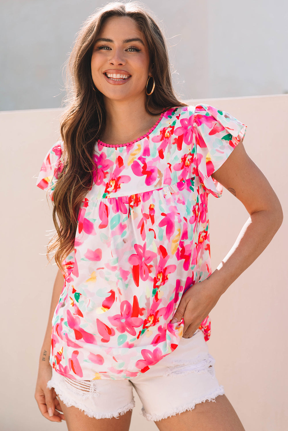 Rose Floral Flutter Sleeve Blouse