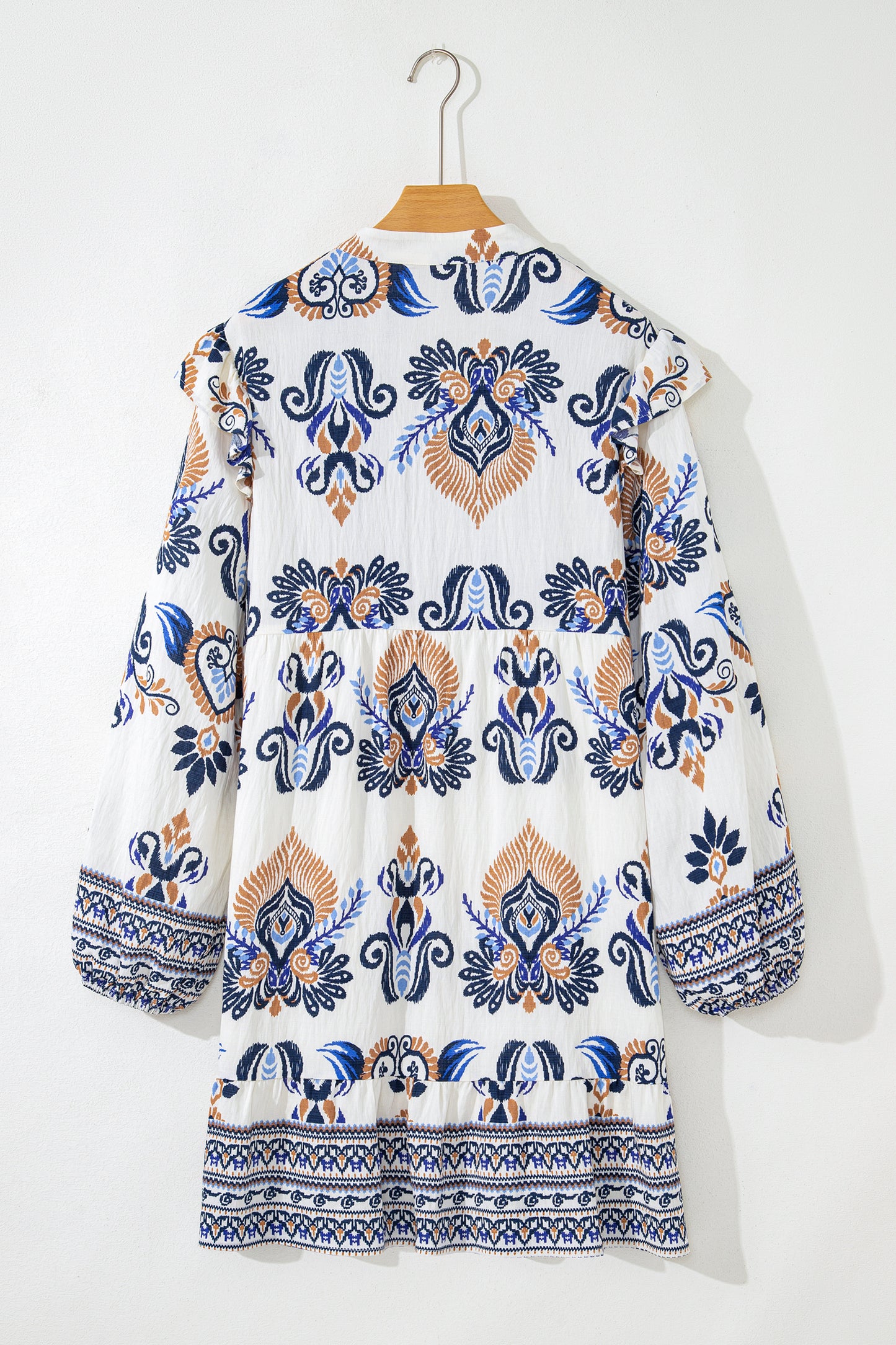 Boho Print Split Neck Long Sleeve Mini Dress Plus Size