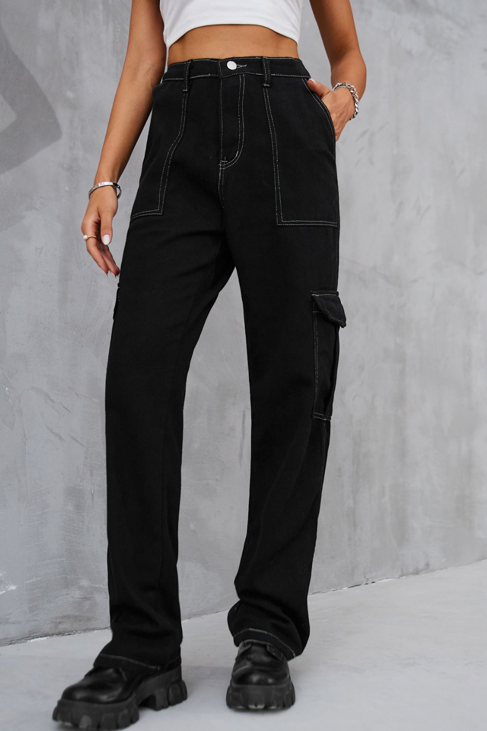 Long Straight Leg Jeans with Pockets