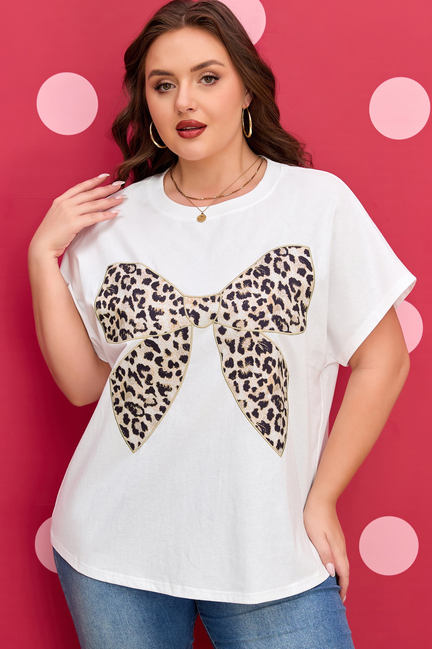 Leopard Bow Embroidered Patch Casual T-Shirt