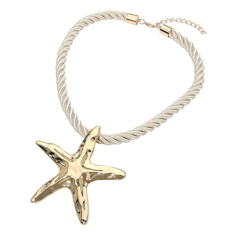 Hammered Metal Starfish Pendant Accent Bold Rope Chain Statement Necklace