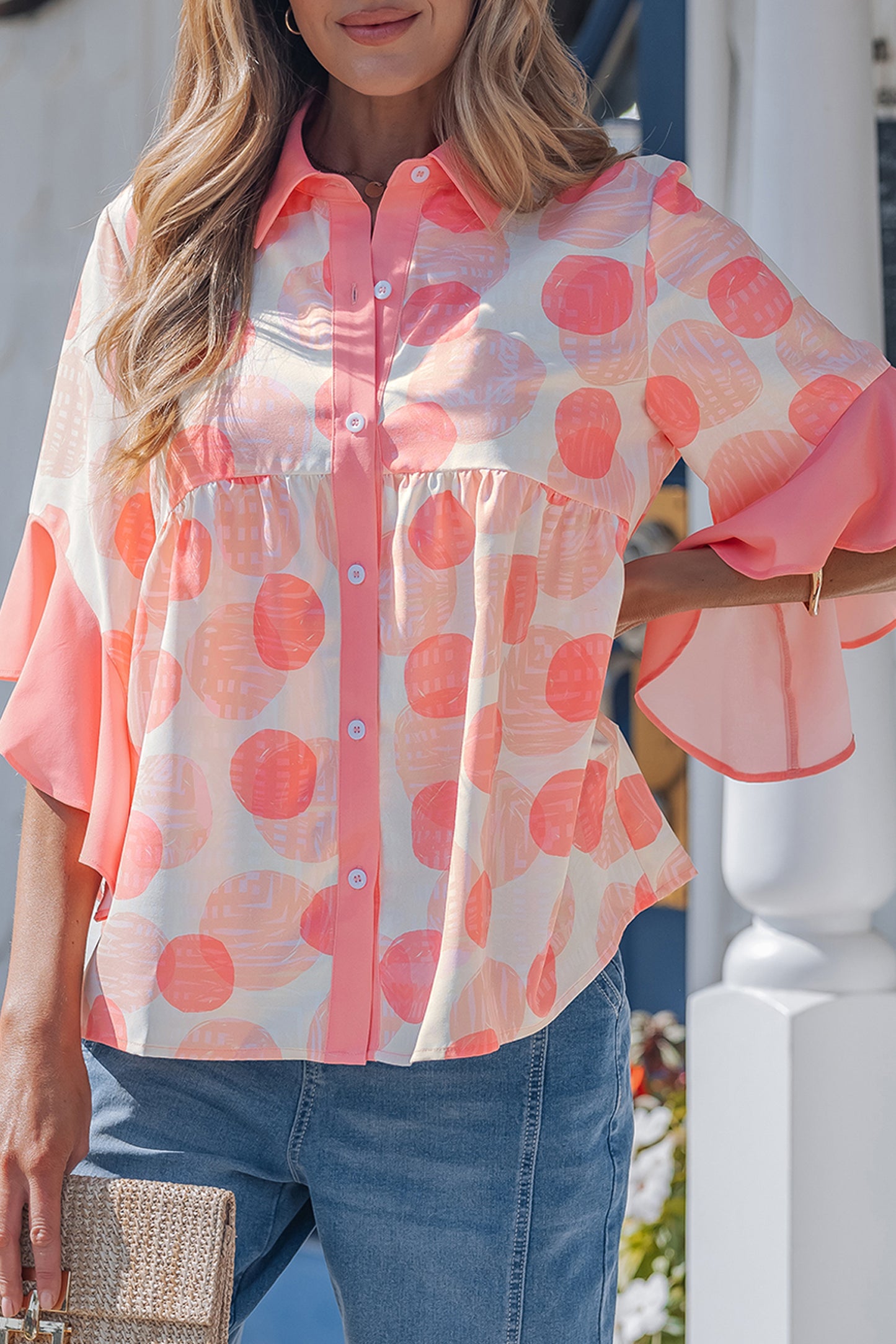 Pink Polka Dot Ruffle Trim Short Sleeve Top