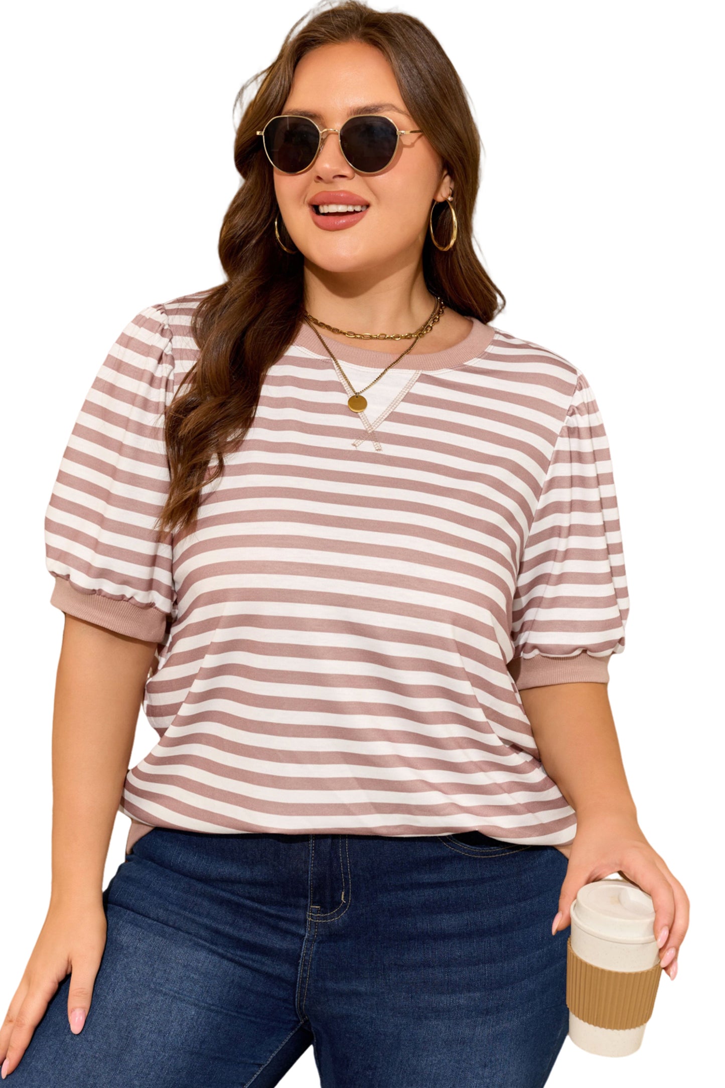 Orange Stripe Puff Sleeve T-Shirt Plus Size