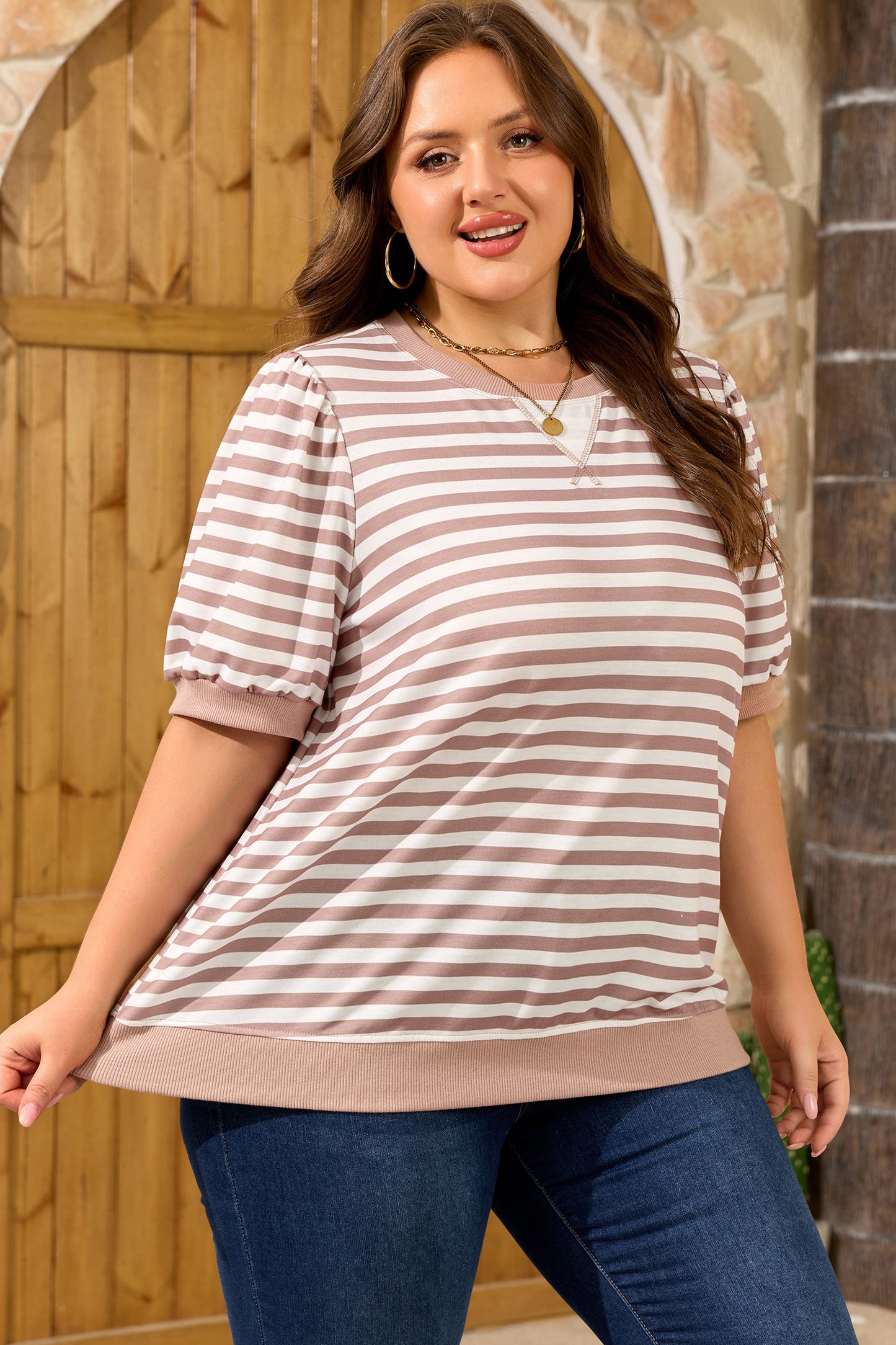 Orange Stripe Puff Sleeve T-Shirt Plus Size