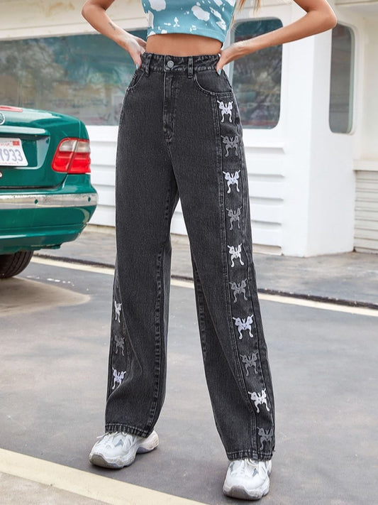 Embroidered Butterfly Jeans with Pockets