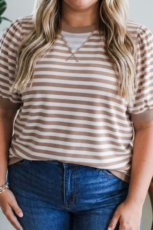 Orange Stripe Puff Sleeve T-Shirt Plus Size