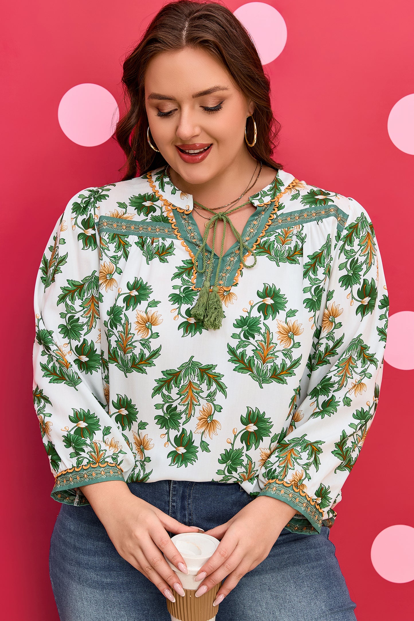 Floral Patchwork Detail Tassel Tie 3/4 Sleeve Blouse Plus Size