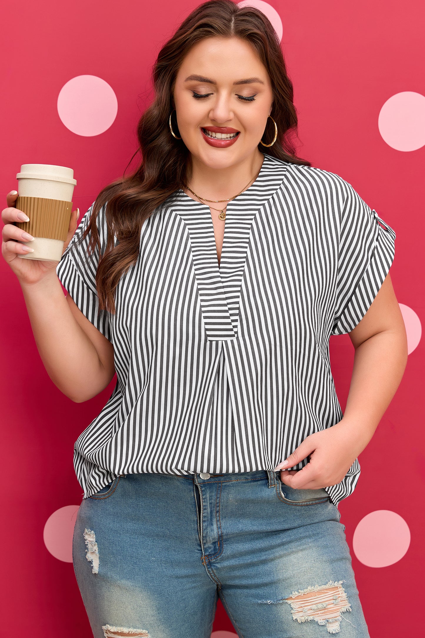 Stripe V Neck Blouse Plus Size