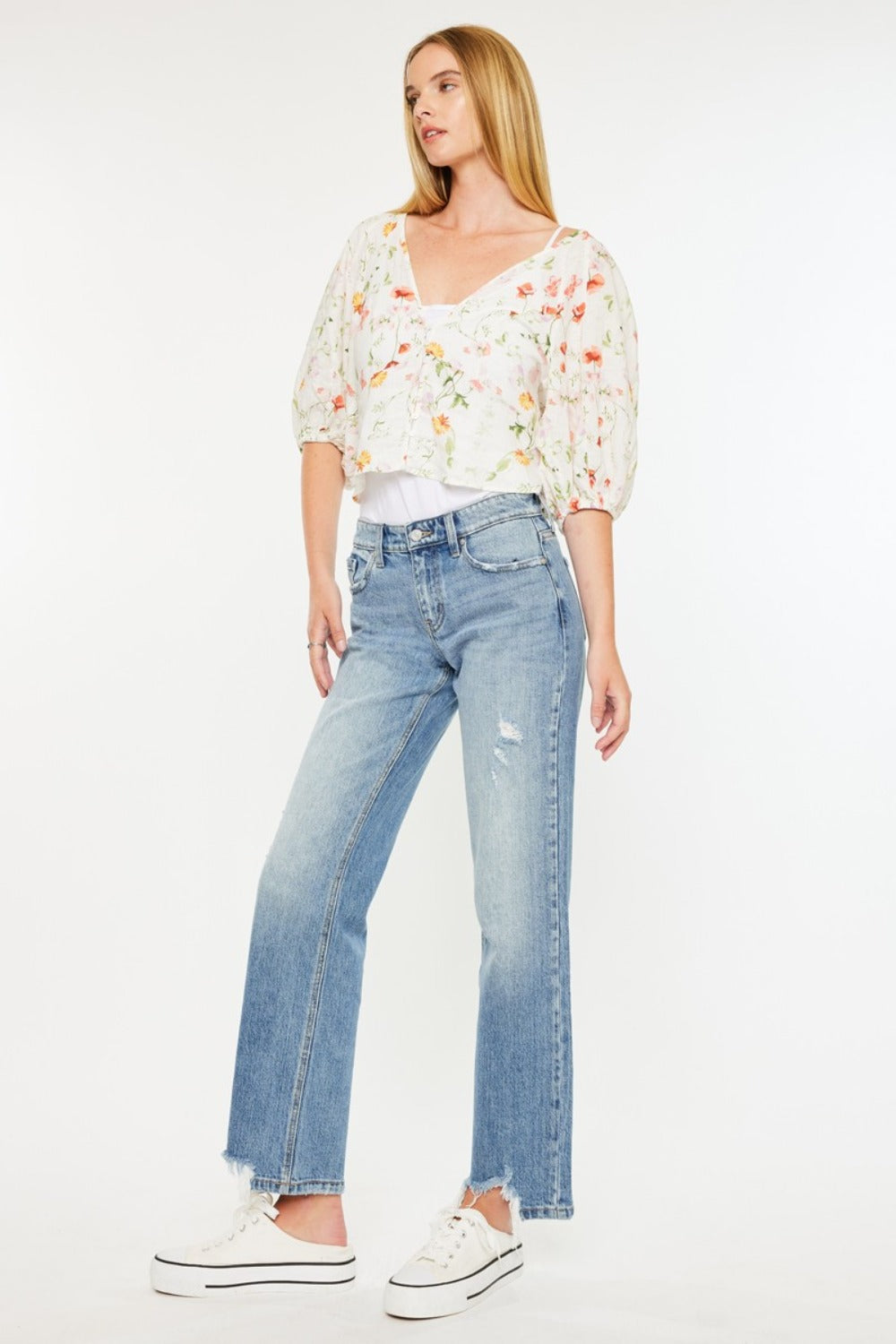 Kancan Mid Rise Frayed Hem Straight Jeans