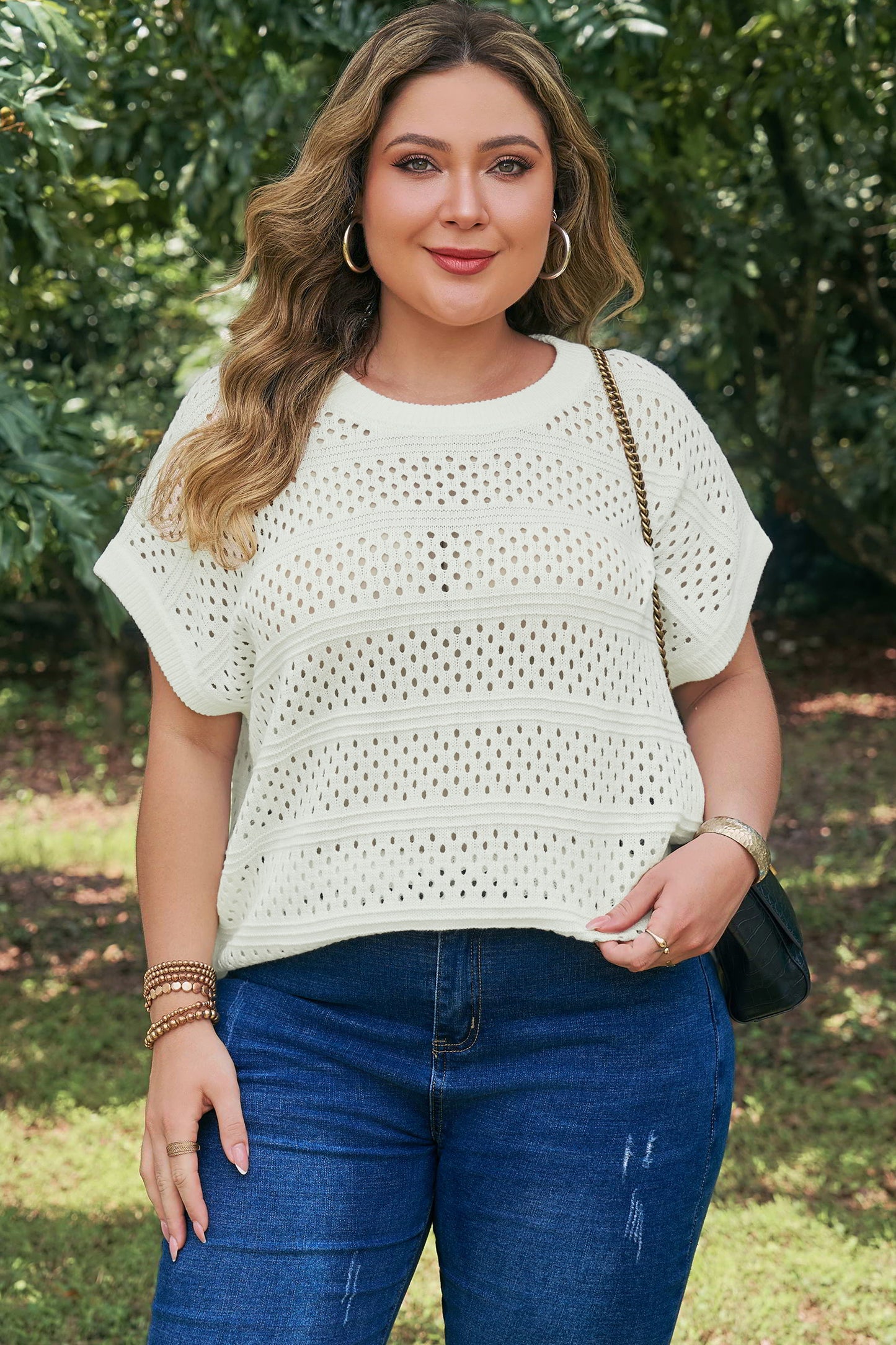 Knit Ribbed Trim Short Sleeve Dolman Sweater Plus Size