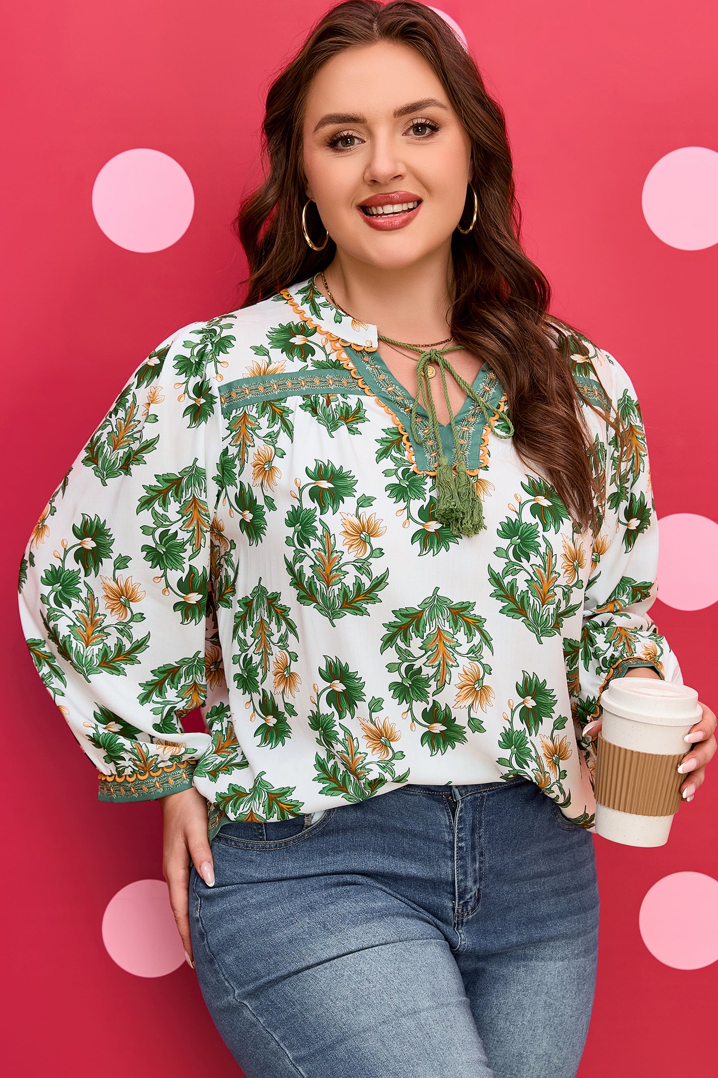 Floral Patchwork Detail Tassel Tie 3/4 Sleeve Blouse Plus Size