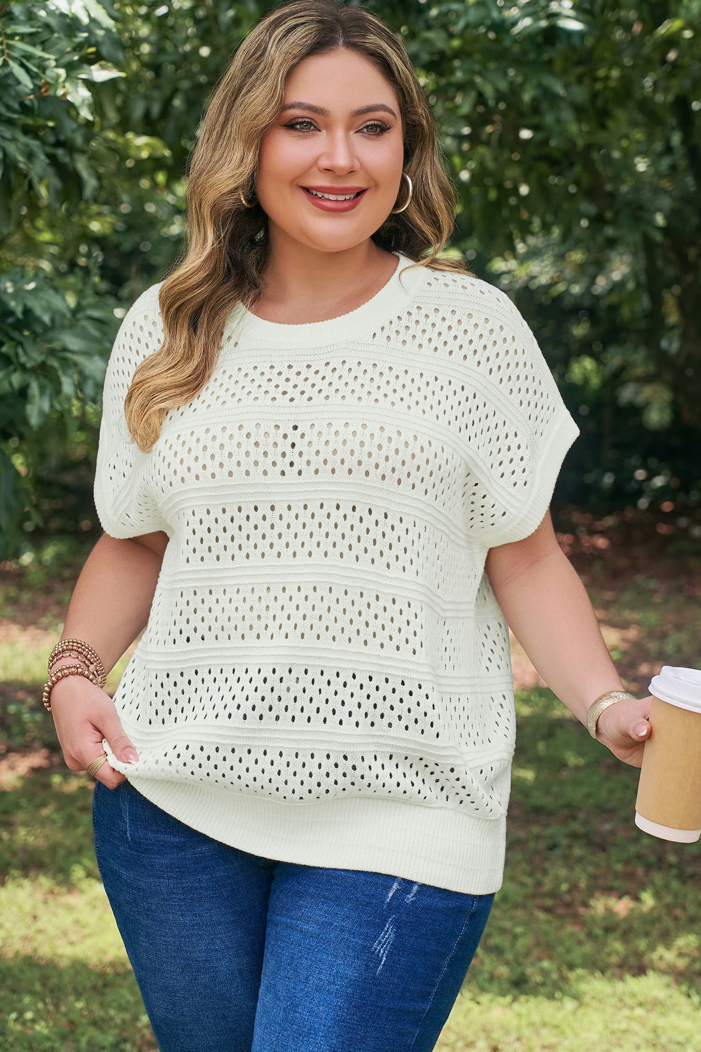 Knit Ribbed Trim Short Sleeve Dolman Sweater Plus Size