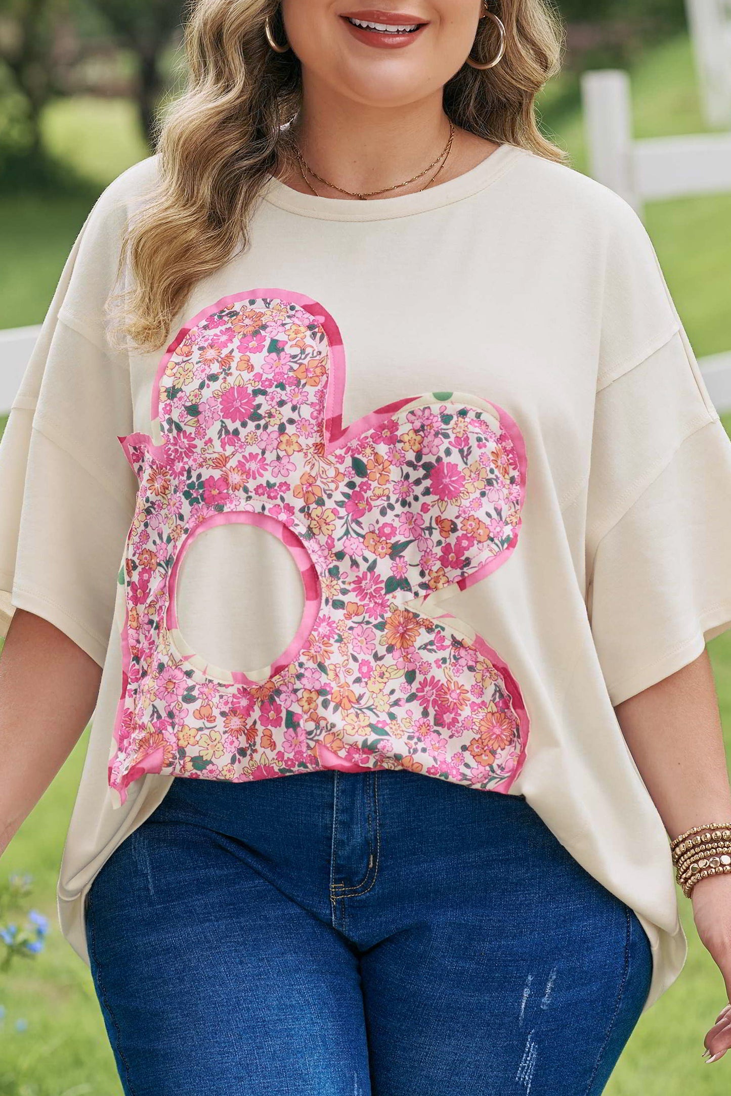 Big Flower Patched T-Shirt Plus Size