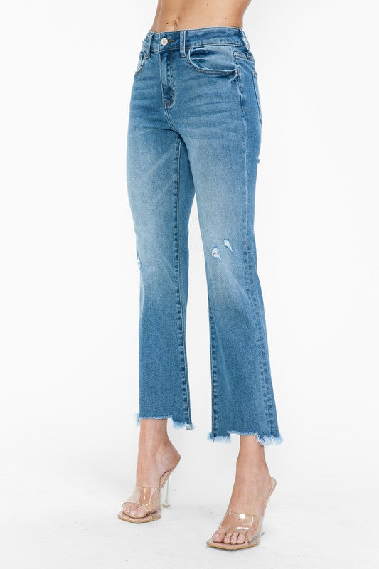 bytos Raw Hem Distressed Mid Rise Crop Jeans