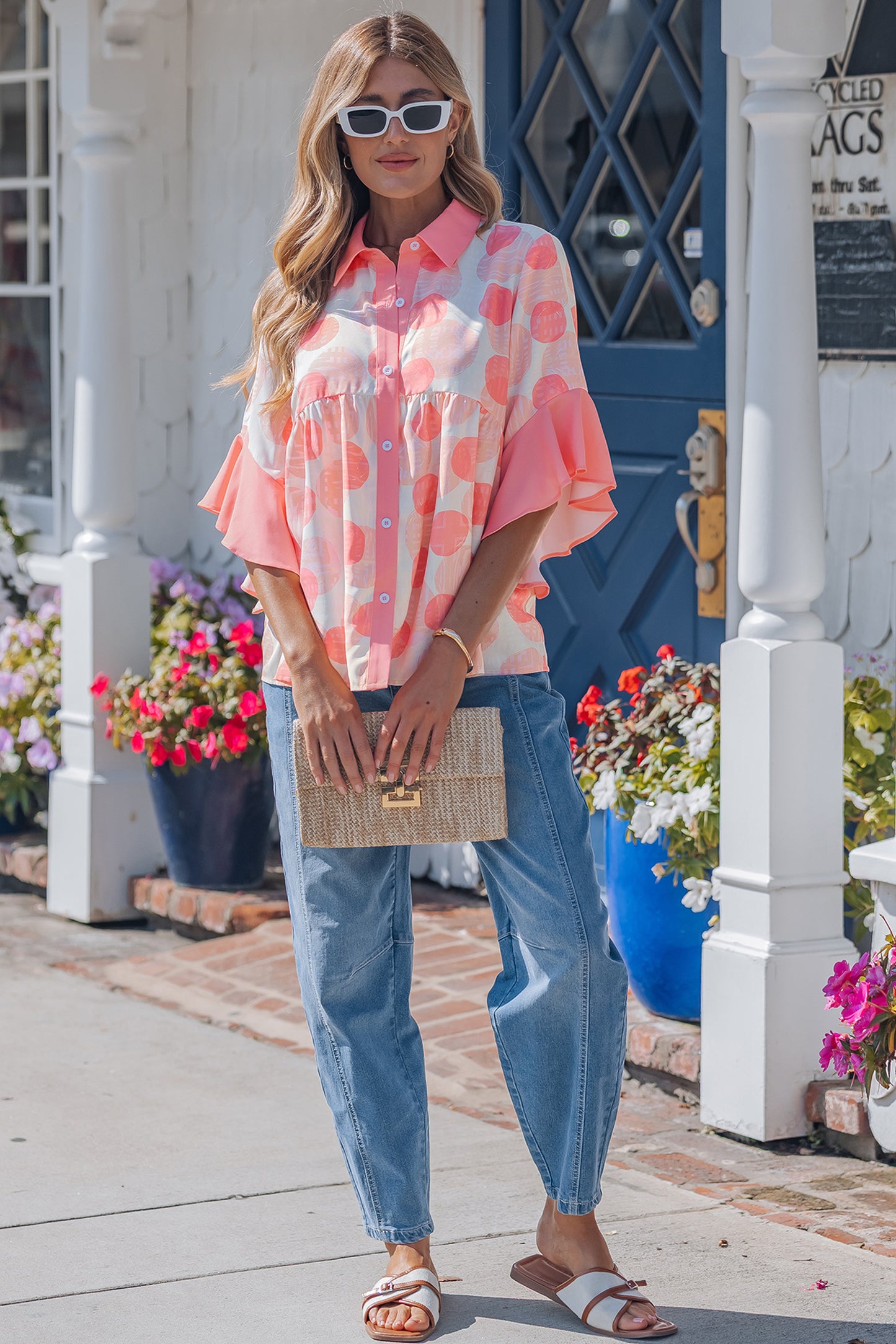 Pink Polka Dot Ruffle Trim Short Sleeve Top
