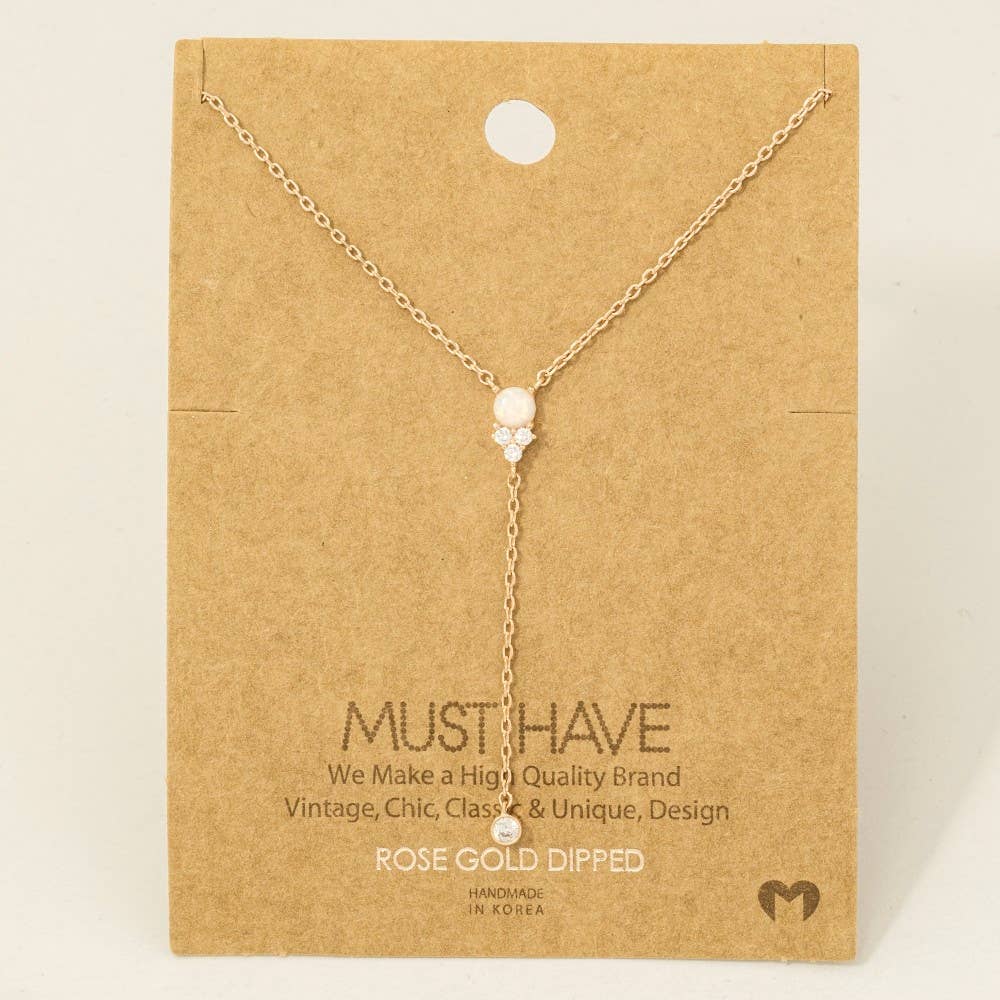 Gold Dipped Pearl Cz Charm Y Necklace