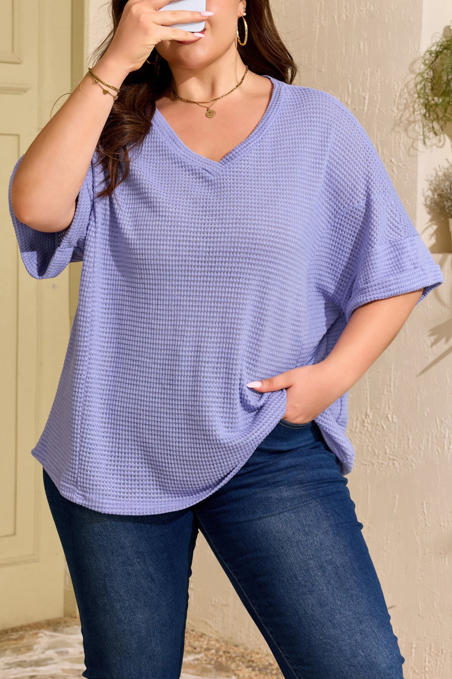V Neck Short Sleeve Waffle Knit Top Plus Size