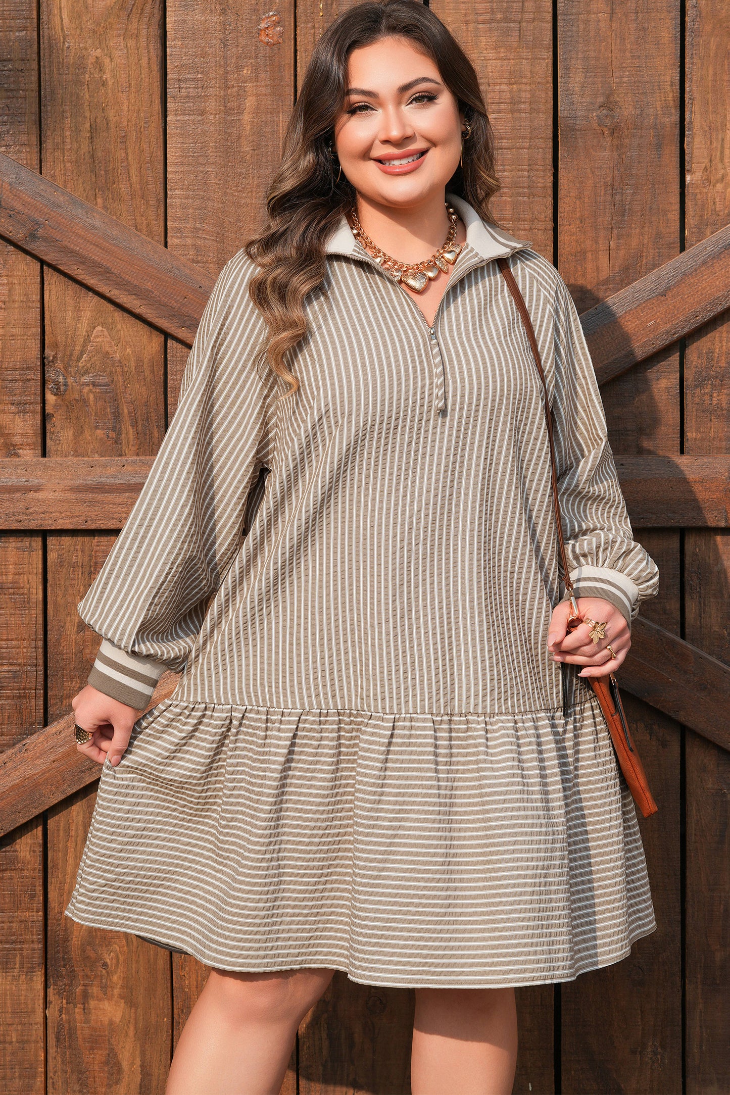 Khaki Stripe Puff Sleeve Ruffled Mini Dress Plus Size
