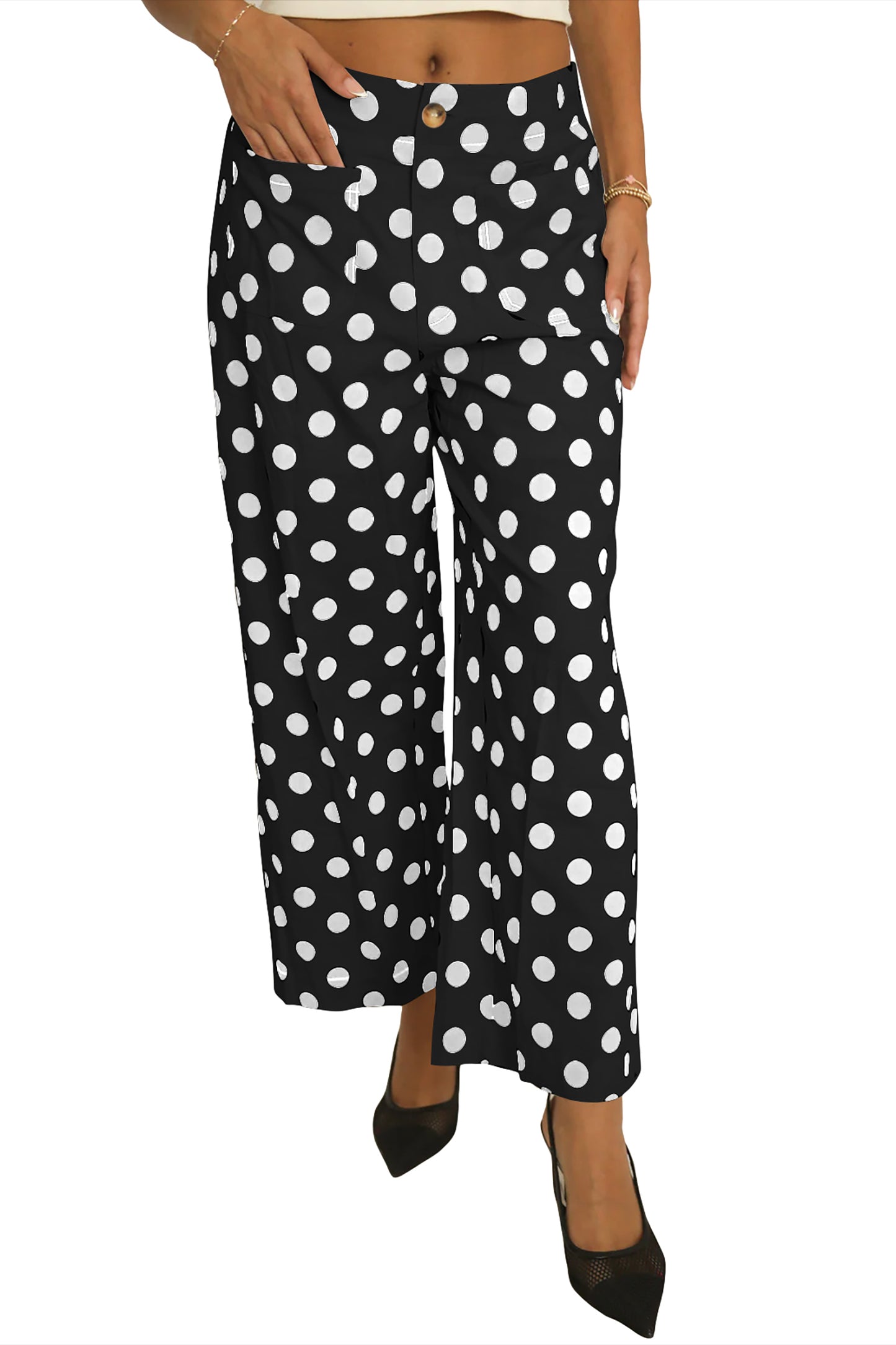 Black Polka Dot Mid-rise Straight Leg Pants