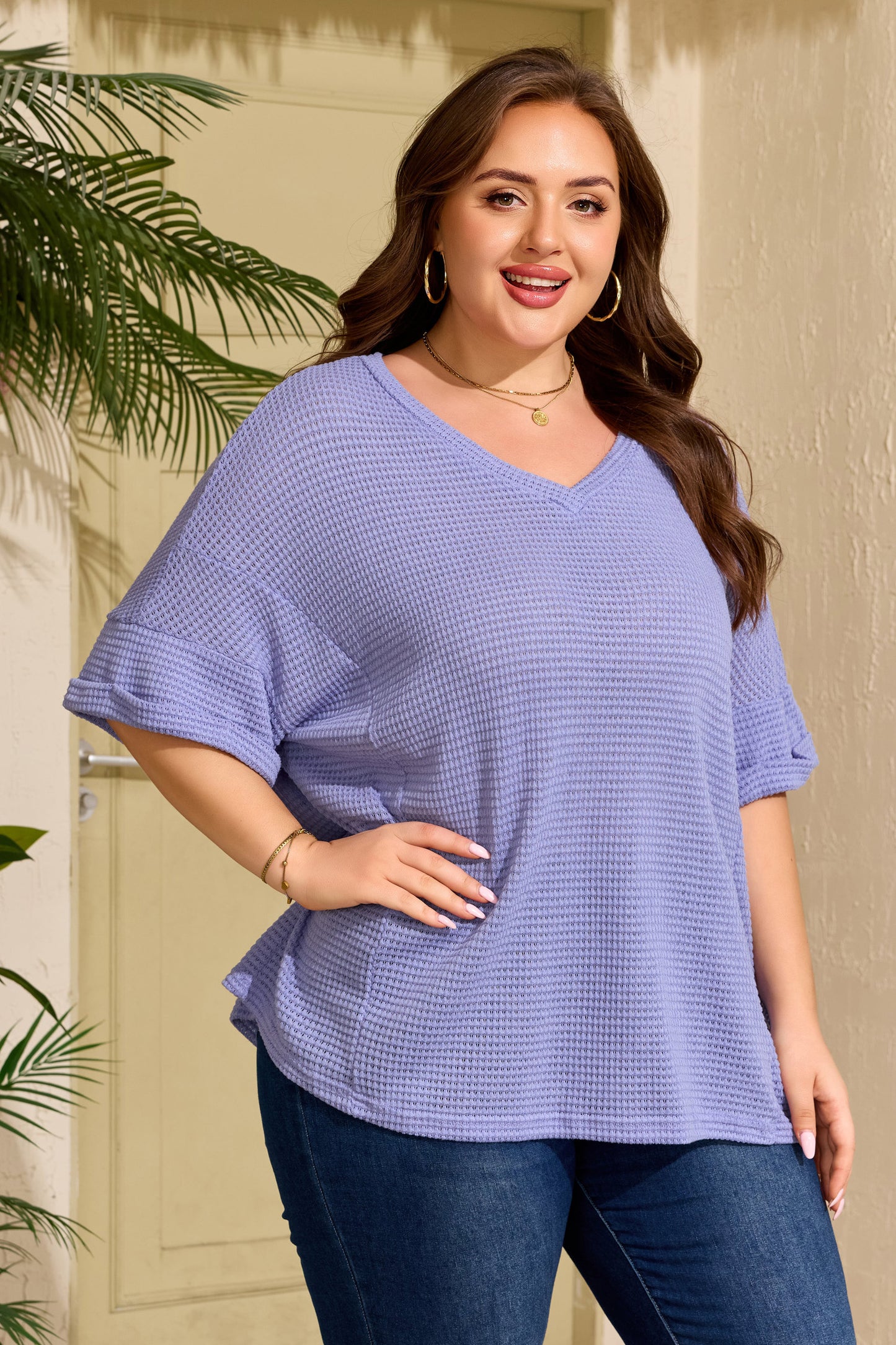 V Neck Short Sleeve Waffle Knit Top Plus Size