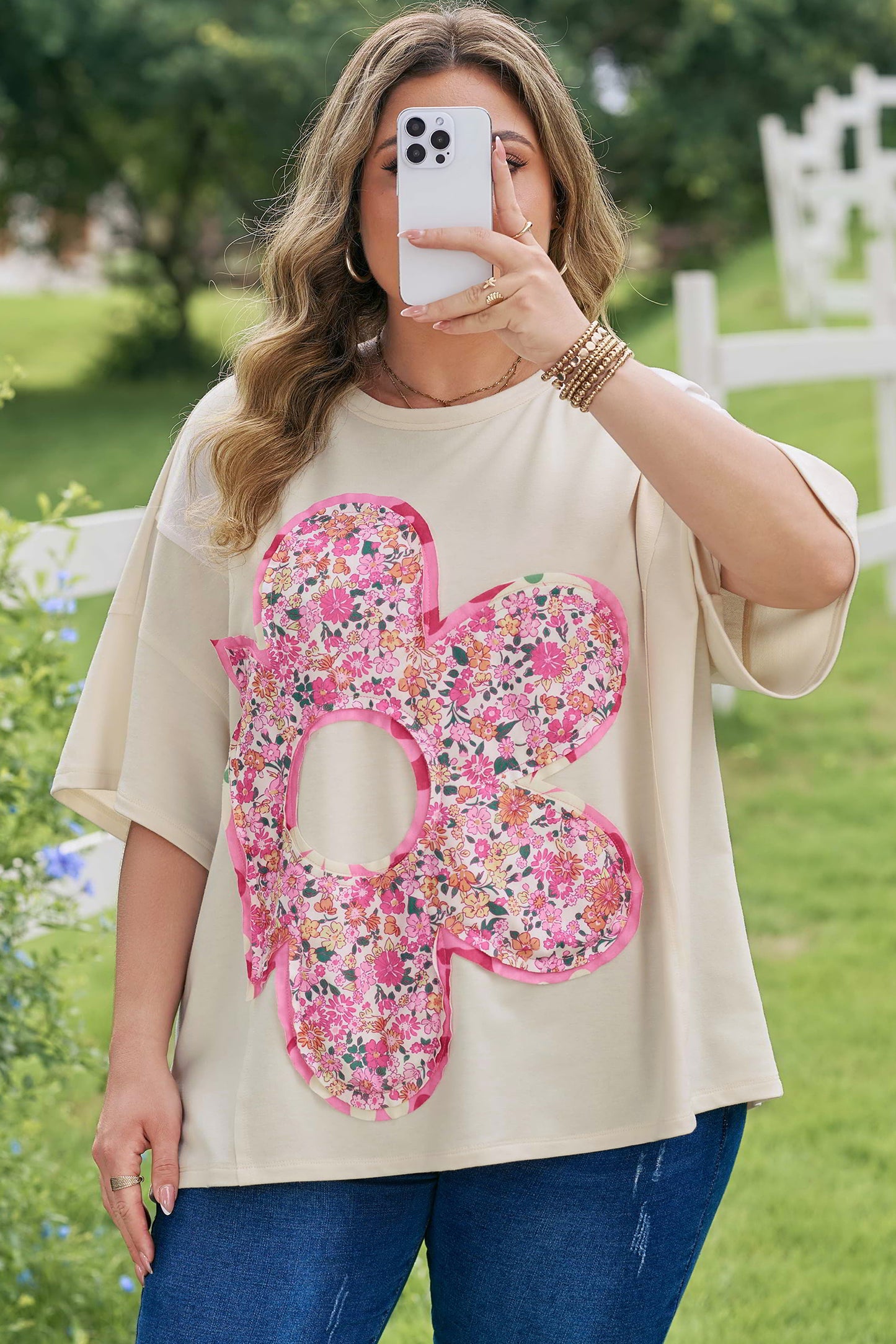 Big Flower Patched T-Shirt Plus Size