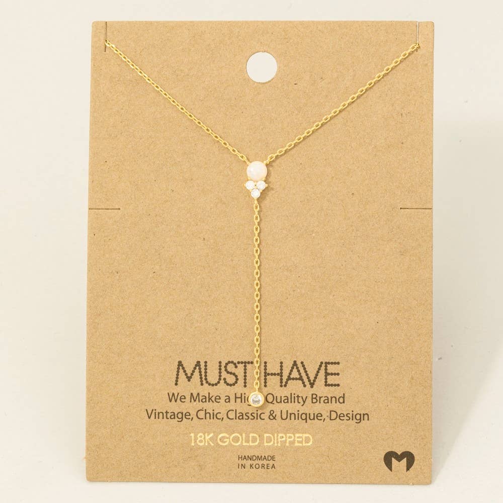 Gold Dipped Pearl Cz Charm Y Necklace