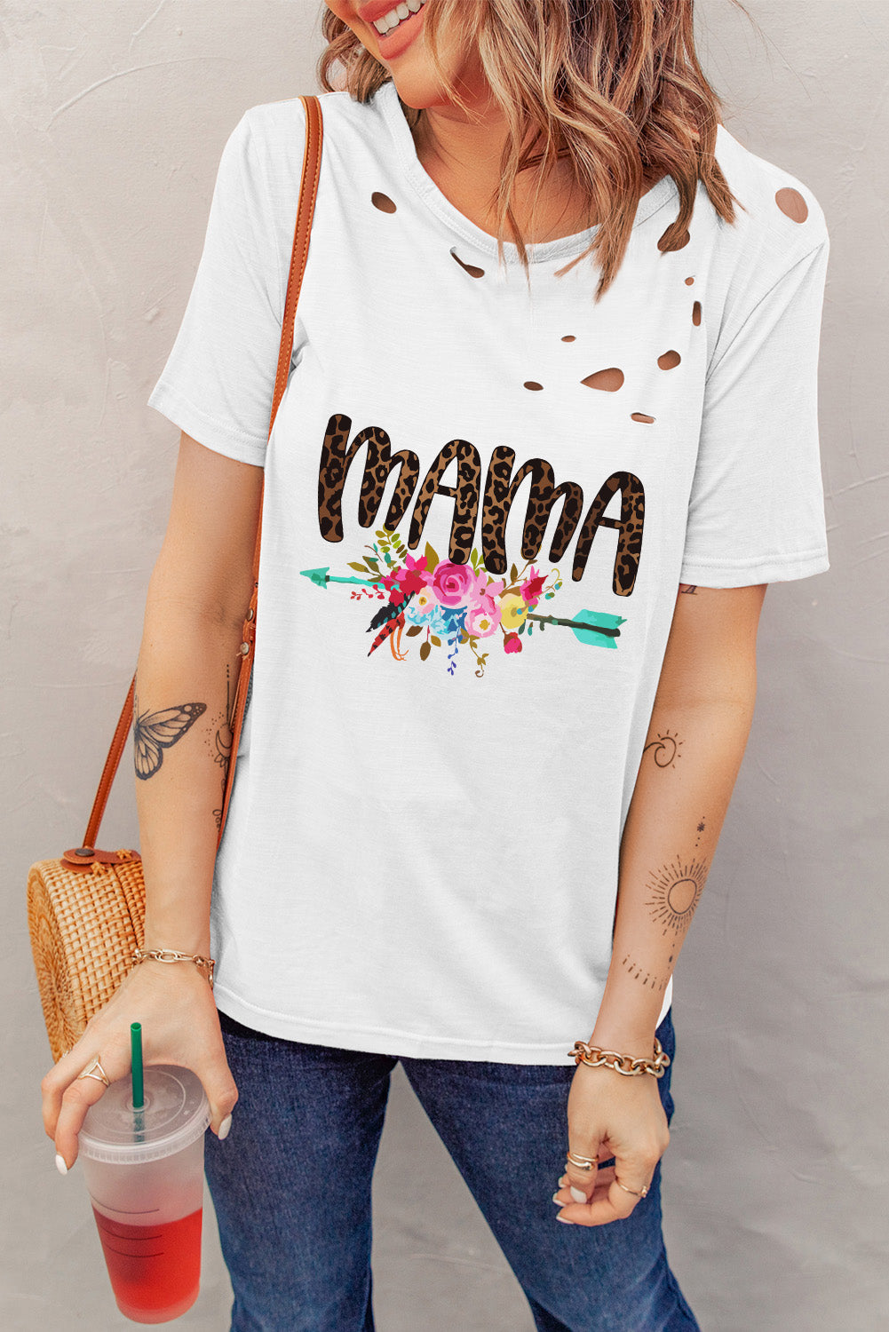 MAMA Graphic Distressed Round Neck Tee