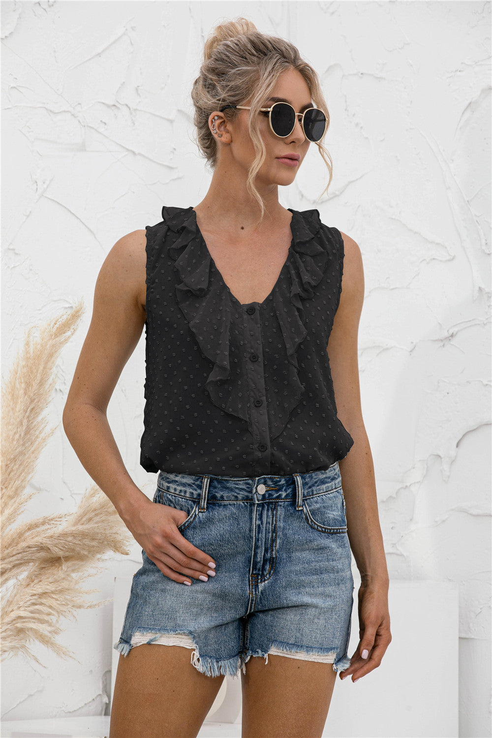 Sleeveless Ruffle Trim Blouse