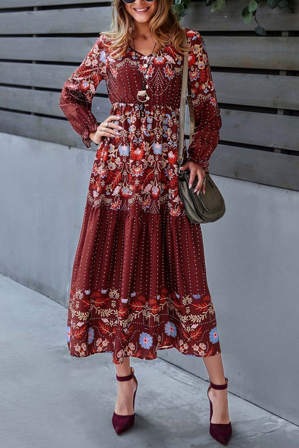 Floral Print Decorative Buttons V-Neck Flounce Sleeve Midi Dress