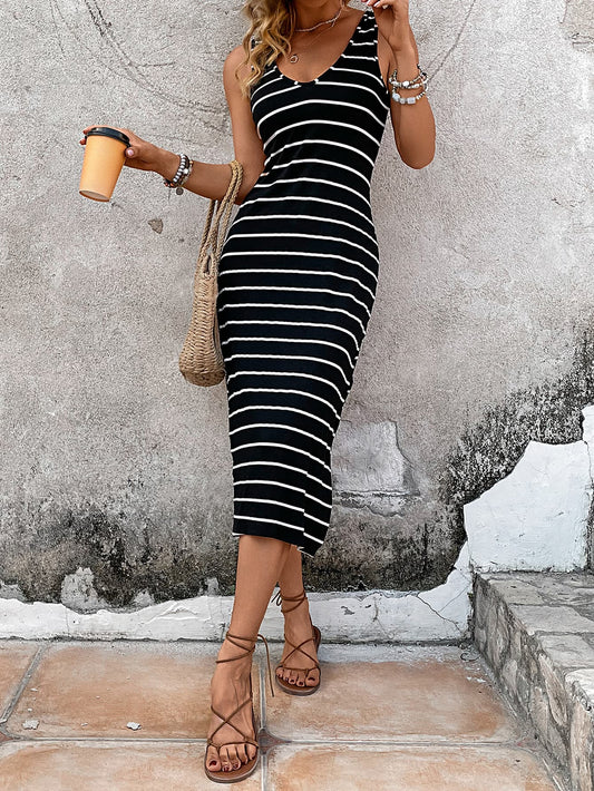 Striped Side Slit Sleeveless Midi Dress