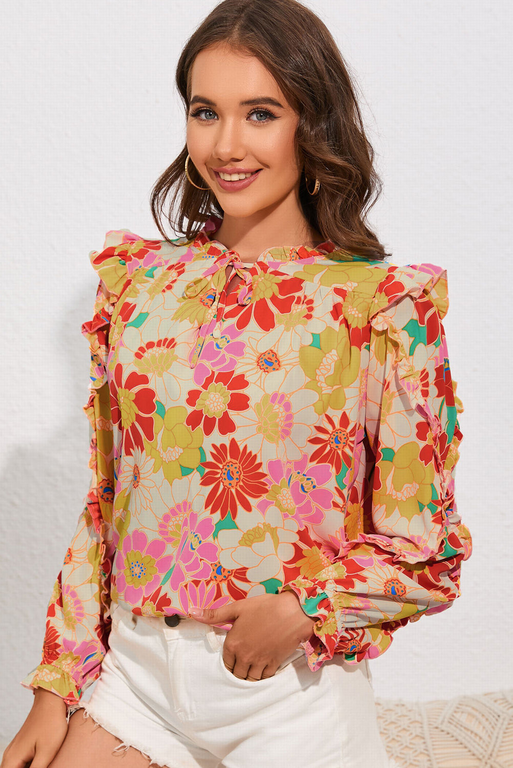 Floral Tie Neck Ruffled Blouse