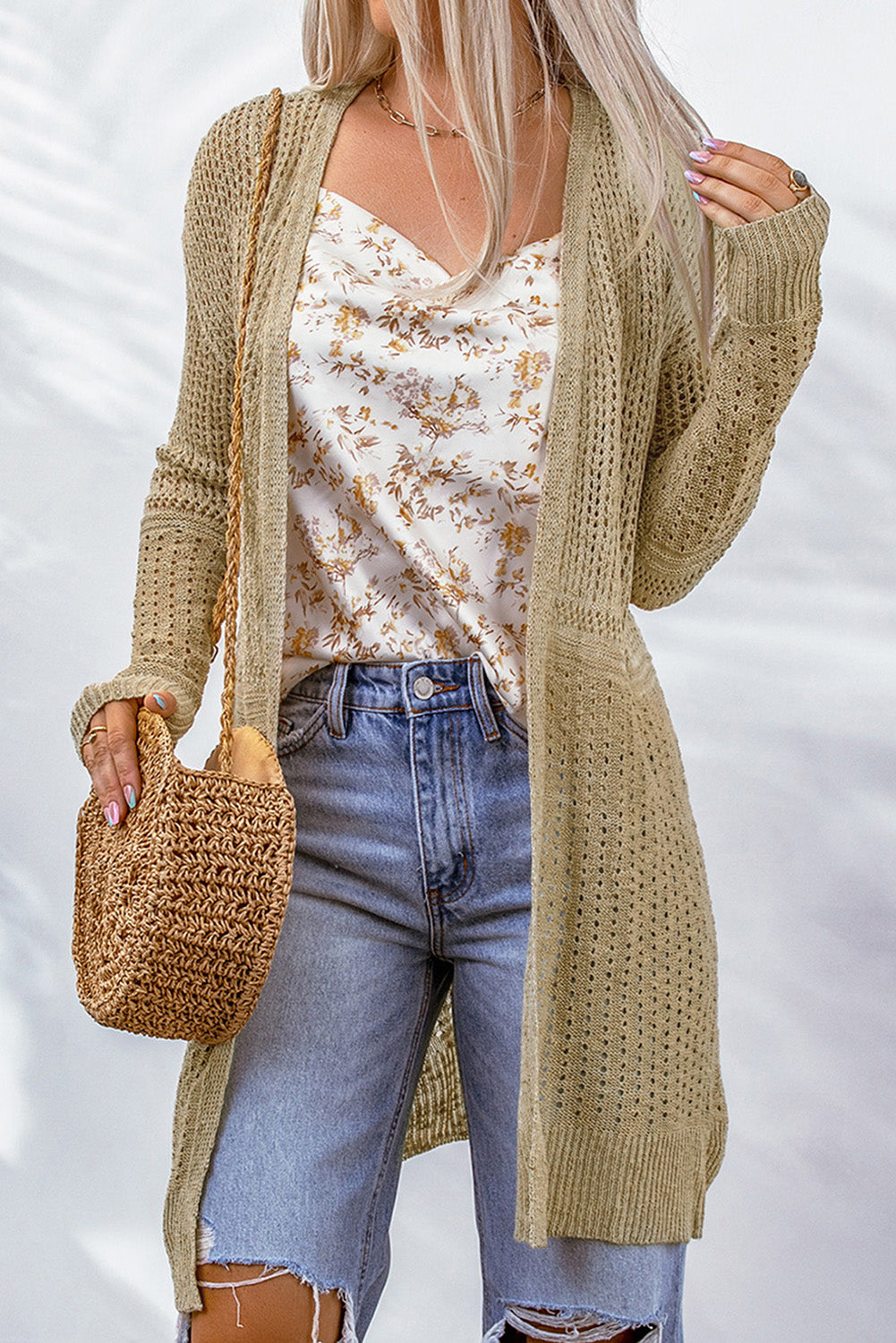 Openwork Dropped Shoulder Open Front Cardigan