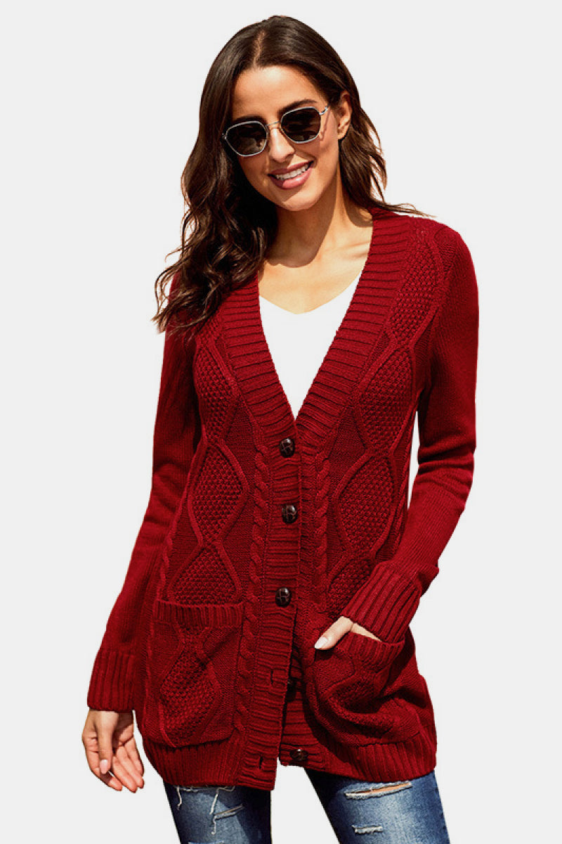 Button Pocket Cable Knit Cardigan