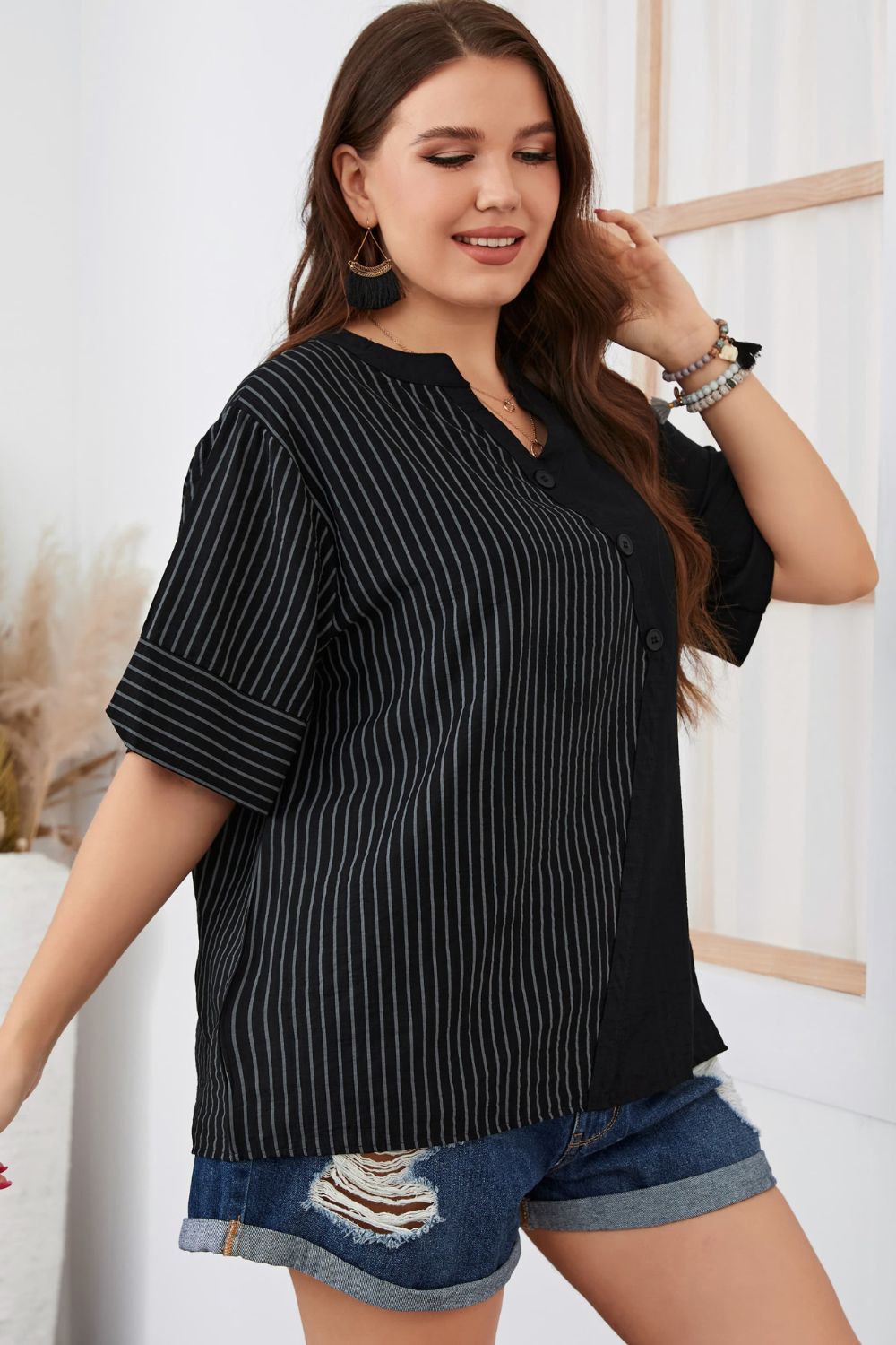 Plus Size Striped Notched Neck Half Sleeve Top