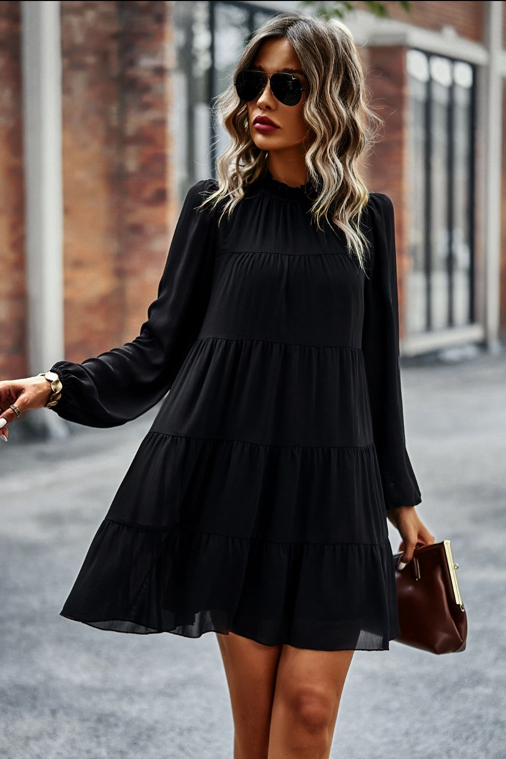 Tied Ruffle Collar Puff Sleeve Mini Dress