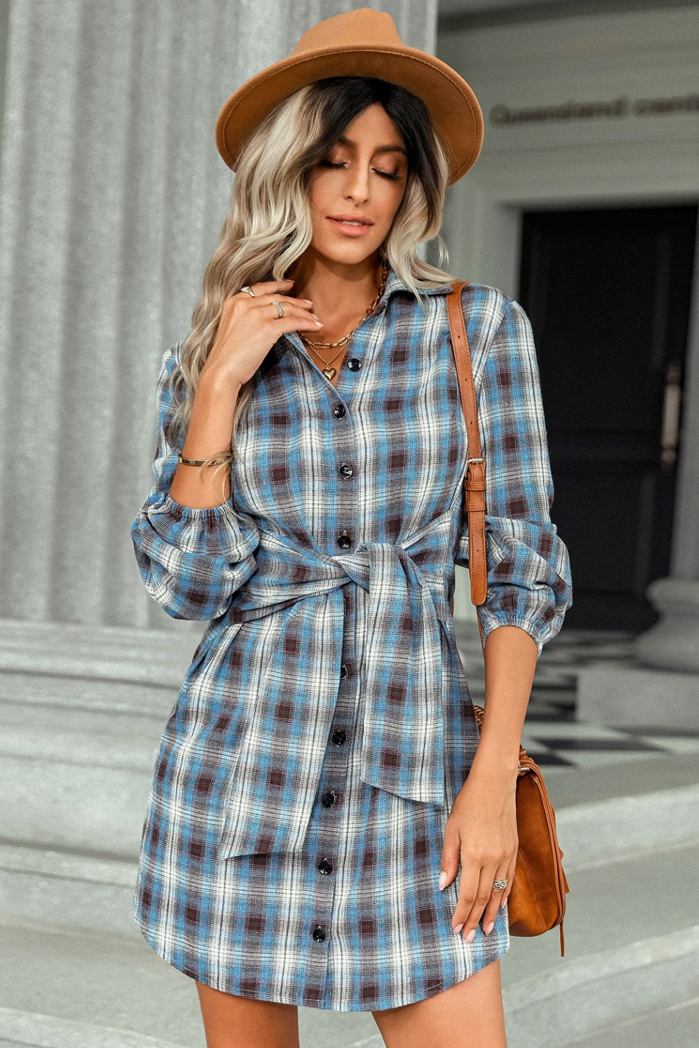 Plaid Tie Front Mini Shirt Dress