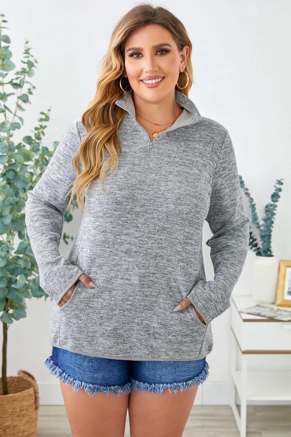 Plus Size Heathered Quarter Zip Pullover